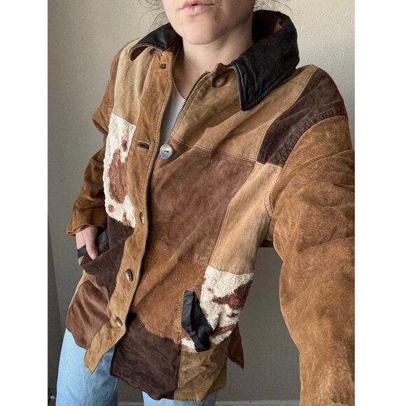 Vintage Express 90s patchwork leather jacket cowprint chore barn western boho - Picture 9 of 11